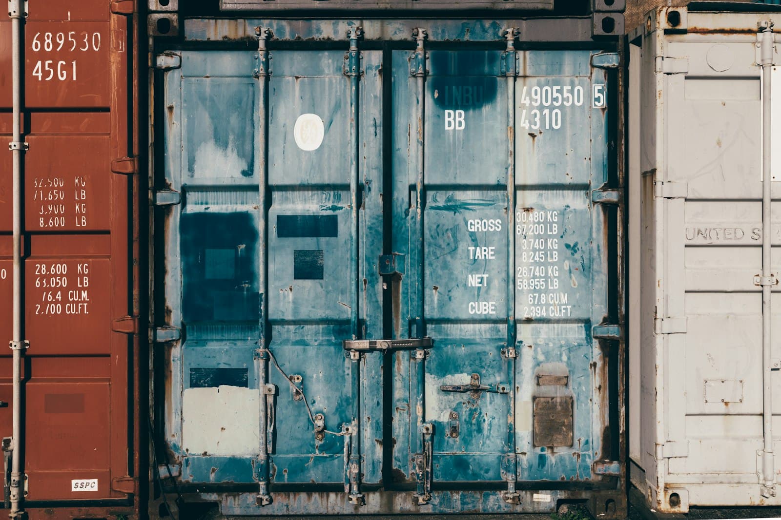 Weathered doors of a used shipping container
